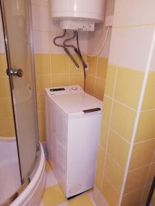 a small bathroom with a toilet and a washer at Apartma Pr Maruši in Bovec +19 photos