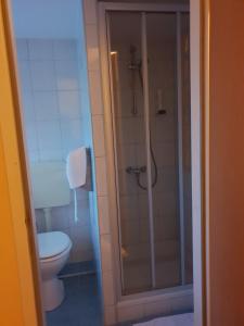 a bathroom with a toilet and a glass shower at Pirates Hotel in Hainburg an der Donau