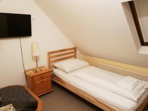 a small bedroom with a bed and a tv at Pirates Hotel in Hainburg an der Donau