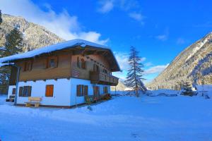 ノイシュティフト・イム・シュトゥーバイタールにあるDonneralmの山々を背景にした雪の丸太小屋