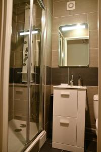 a bathroom with a shower and a sink and a mirror at F1 entier Cosy style CHALET Montgeron, Proche Paris in Montgeron