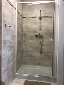 a shower stall with a glass door in a bathroom at Apartment Deborah in HoÅ¡Å¥ka