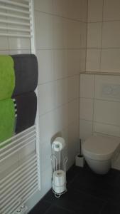 Elle comprend une petite salle de bains pourvue de toilettes et d'une serviette verte. dans l'établissement Ferienwohnung Romeike "NewPort", à Bremerhaven