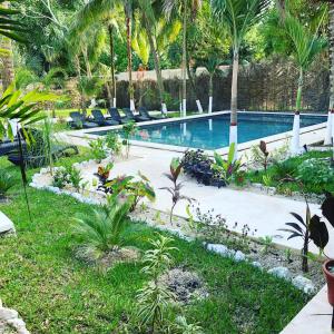 uma piscina com espreguiçadeiras e palmeiras em Tierra Maya Hotel Spa & Sanctuary em Bacalar