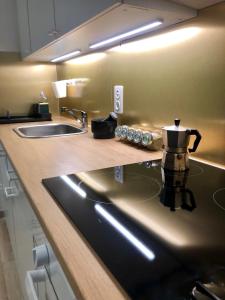 a kitchen counter with a coffee pot on a stove at Cool & Central 2 bedroom in heart of Eaux-vives in Geneva
