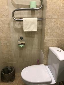 a bathroom with a white toilet and a towel rack at Apartment on Amurskiy Bulvar 62 in Khabarovsk