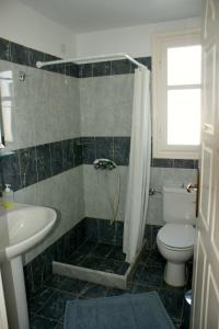 a bathroom with a shower and a toilet and a sink at Blue Bay Villas in Kamari