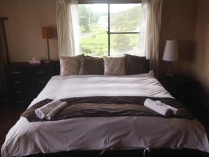 a bedroom with a large bed with a window at Happo One Holiday House in Hakuba