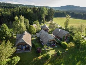 eine Luftansicht eines Hauses auf einem Feld in der Unterkunft Ferienhäuser Paunger in Miesenbach