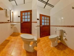 two images of a bathroom with a toilet and a sink at Rossitta Wood Castle in Cochin