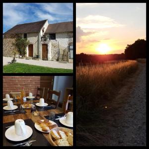 a table with food and the sun setting over a field at La Montagne de Bellot in Bellot