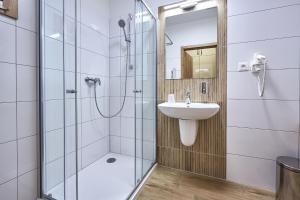 a bathroom with a shower and a sink at Penzion U Zámku in OÅ™echov