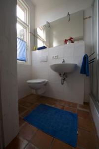 a bathroom with a sink and a toilet and a blue rug at Hürhus Hude in Hude
