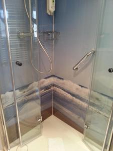 a shower with a glass door in a bathroom at Hotel Ostfriesland garni in Norden