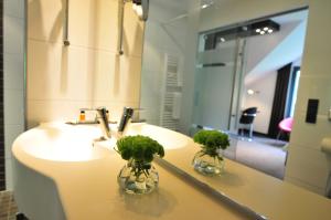 La salle de bains est pourvue d'un lavabo et de 2 plantes dans un miroir. dans l'établissement Hotel im Wigbold, à Ochtrup