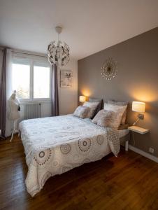 um quarto com uma cama grande e um lustre em Appartement Malya & parking privé em Grenoble