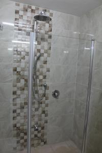 cabina de ducha con puerta de cristal y cabezal de ducha en Villa Kibel Apartments, en Eilat