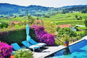 una piscina con 2 sillas azules y flores en Quinta de San Amaro Rias Baixas, en Meaño