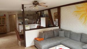 Una sala de estar con un sofá y una cocina. en Ferienhof Gold, en Waischenfeld