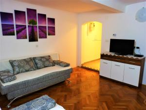 a living room with a couch and a flat screen tv at Apartman La Linea - Free parking in Zagreb