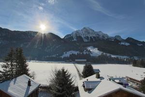 vista su una catena montuosa ricoperta di neve e soleggiata di Appartement Le Roc a Gstaad