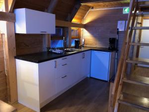 
a kitchen with a stove, sink and cabinets at Lofoten Feriesenter in Svolvær
