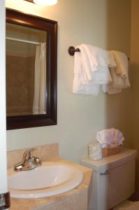 a bathroom with a sink and a mirror and towels at Trees Motel in Bishop