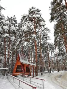 una cabaña en el bosque con nieve en los árboles en BKC Country, en Sosnoviy Bor