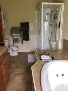 a bathroom with a tub and a toilet and a sink at Beautiful Home on Lake Carrowmore in Belmullet