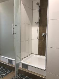 La salle de bains est pourvue d'une douche avec une porte en verre. dans l'établissement Unterkunft Göppingen, à Göppingen