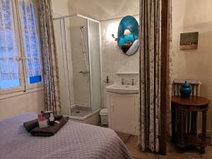 a bedroom with a bed and a shower and a sink at La Roseraie in Lodève +60 photos