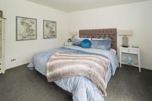 a bedroom with a large bed with blue pillows at Thistle Cottage in Ashburton