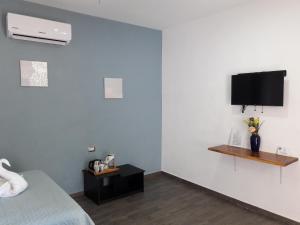 1 dormitorio con 1 cama y TV en la pared en Hotel Maria Maria, en Bacalar