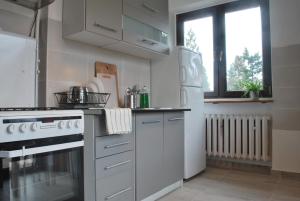 una cocina con electrodomésticos blancos y una ventana en Pokoje nad Starą Odrą - Zacisze en Wroclaw