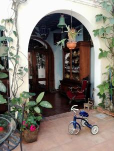 a small bike in a room with some plants at Posada San Sebastian in Antigua Guatemala