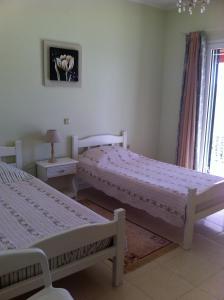 a bedroom with two beds and a desk at Eleni Apartments in Arillas