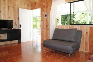 sala de estar con silla y TV en Cabañas Don Vittorio, en Caburgua