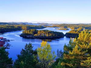 arial view of a river with trees and buildings at Lille Villa Severin in Mosterhamn