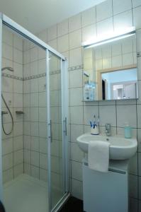 a bathroom with a shower and a sink and a mirror at Vakantiewoning Zavelbos in Maaseik