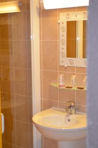 塞塞勒的住宿－Hôtel Au Fil de L'Eau，一间带水槽和镜子的浴室