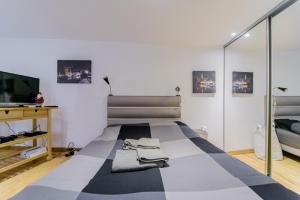 a bedroom with a large bed with a black and white rug at Cosy & quiet flat in historical lively center of Strasbourg in Strasbourg +53 photos