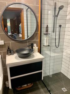 a bathroom with a sink and a mirror and a shower at The Muddy in Alexandra