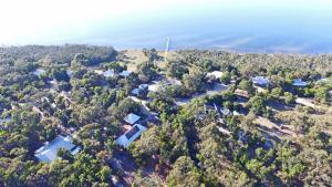 an aerial view of a house on a hill with trees at Waterfront Retreat At Wattle Point in Paynesville