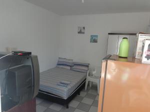 a small bedroom with a small bed and a tv at FARO FINO 104 DISNEY in Goiânia