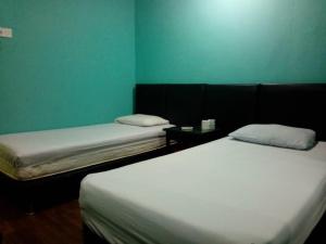 two beds in a room with green walls at Petaling Street Hotel Chinatown in Kuala Lumpur
