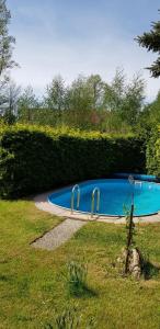 una piscina en un patio junto a un seto en Wohlfühlhaus mit Privatpool, en Bischdorf