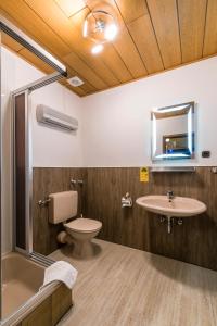 ein Badezimmer mit einem WC, einem Waschbecken und einem Spiegel in der Unterkunft Hotel Es Lämmche in Breuberg