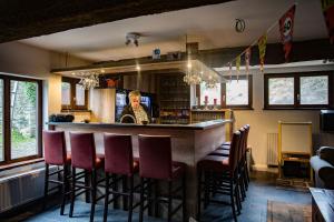 une femme debout à un bar dans une cuisine dans l'établissement B&B Hotel Ferme des Templiers nabij Durbuy, eigen laadpalen, à Somme-Leuze