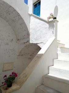 un escalier fleuri et une fenêtre bleue dans l'établissement Casa in corte, à Matino