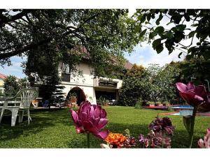 a house with a chair and flowers in the yard at Gästehaus Meng in Bad Krozingen